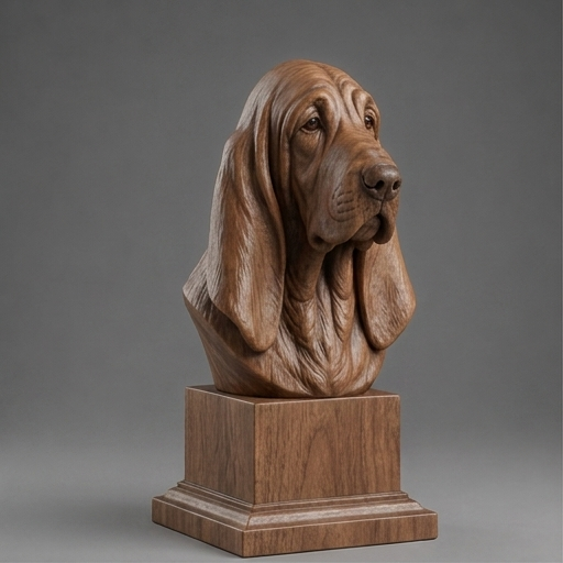 Busto Basset Hound — fundo madeira escura