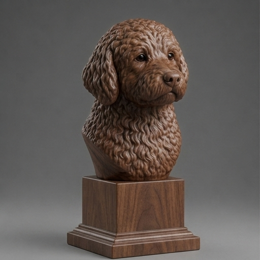 Busto Golden Retriever — fundo madeira escura