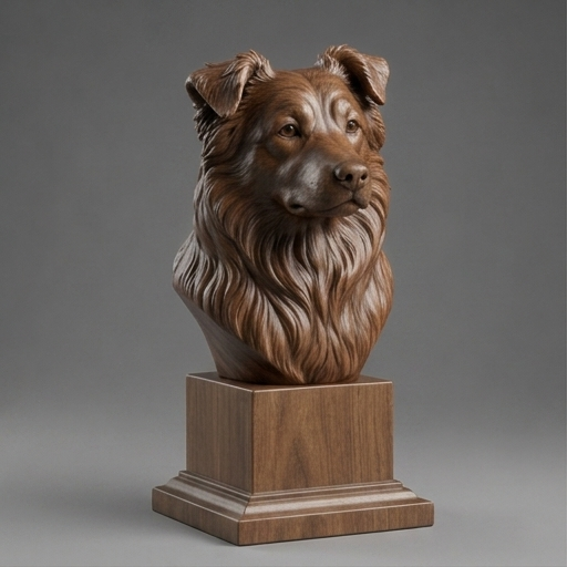 Busto Rough Collie — fundo madeira escura
