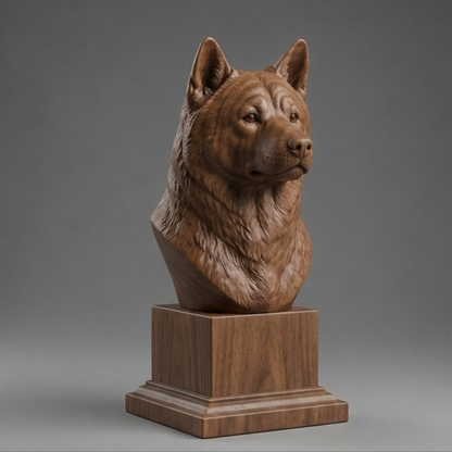 Busto Akita — fundo madeira escura