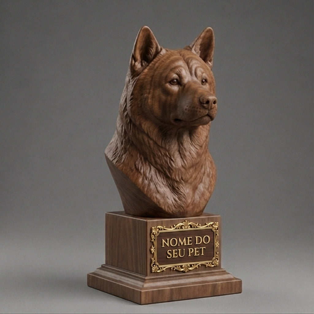 Busto Decorativo Personalizado Akita | Escultura 3D com Nome Gravado