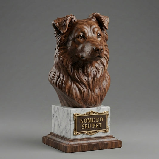 Busto Decorativo Personalizado Australian Shepherd | Escultura 3D com Nome Gravado
