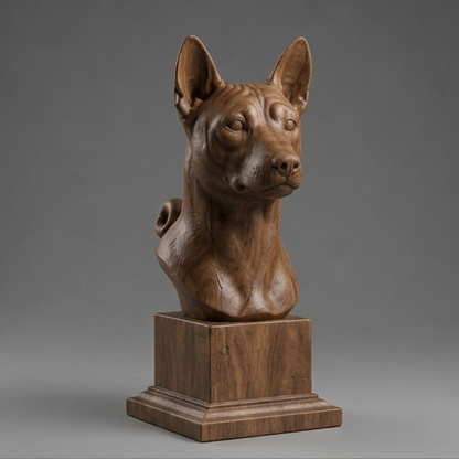 Busto Basenji — fundo madeira escura