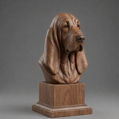 Busto Basset Hound — fundo madeira escura