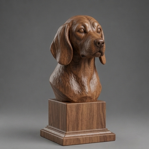 Busto Beagle — fundo madeira escura