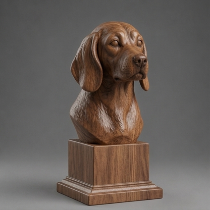 Busto Beagle — fundo madeira escura