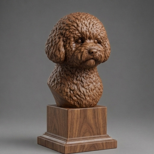 Busto Bichon Frise — fundo madeira escura