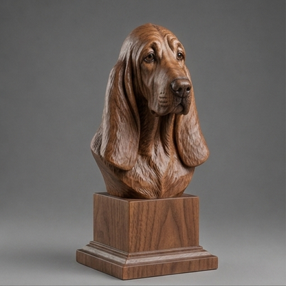 Busto Bloodhound — fundo madeira escura