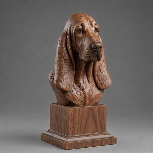 Busto Bloodhound — fundo madeira escura