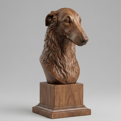 Busto Borzoi — fundo madeira escura