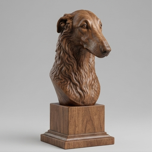 Busto Borzoi — fundo madeira escura