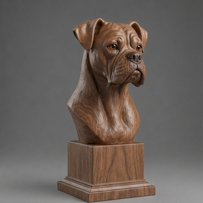 Busto Boxer — fundo madeira escura
