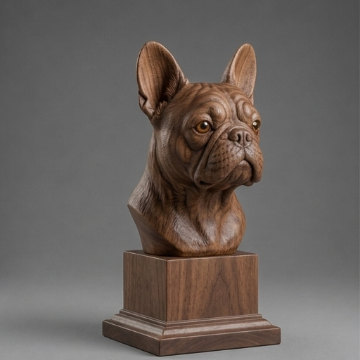 Busto French Bulldog — fundo madeira escura