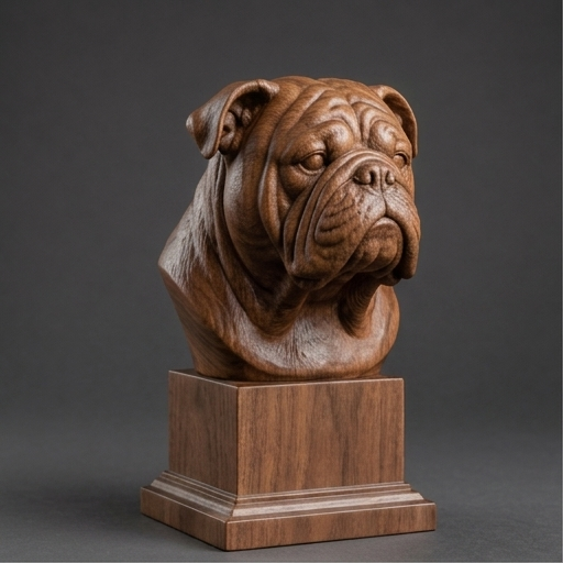 Busto English Bulldog — fundo madeira escura