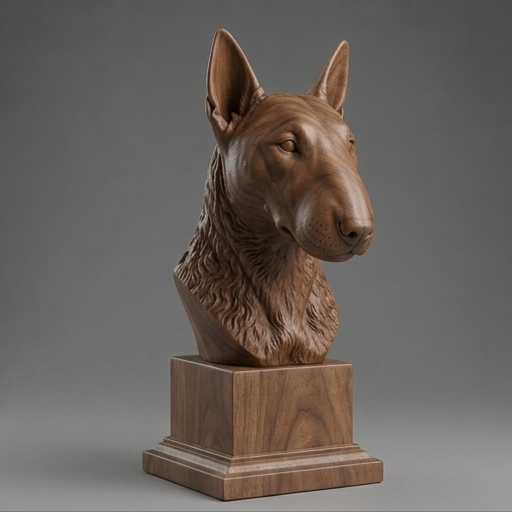 Busto Bull Terrier — fundo madeira escura