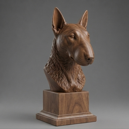Busto Bull Terrier — fundo madeira escura