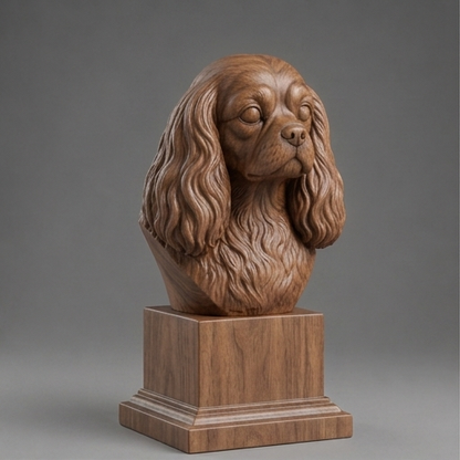 Busto Cavalier King Charles — fundo madeira escura