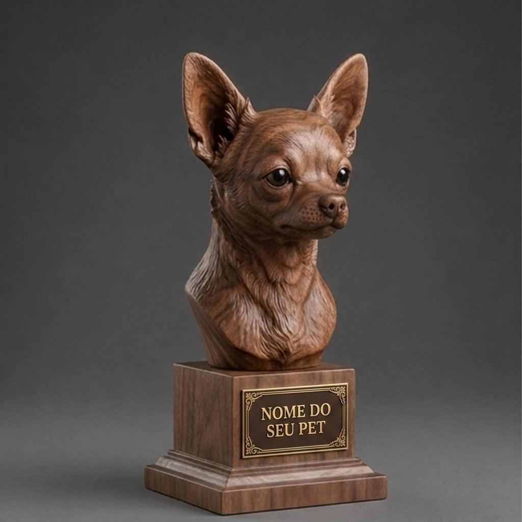 Busto Decorativo Personalizado Chihuahua | Escultura 3D com Nome Gravado
