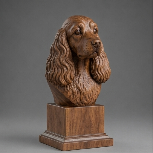Busto Cocker Spaniel — fundo madeira escura