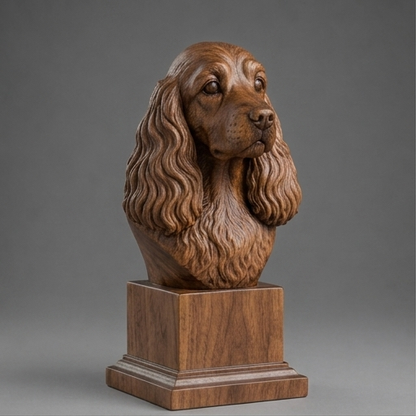 Busto Cocker Spaniel — fundo madeira escura