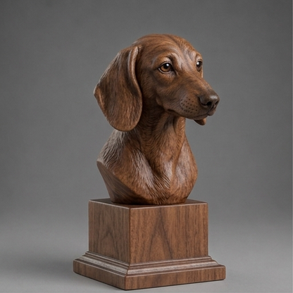 Busto Dachshund — fundo madeira escura