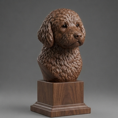 Busto Golden Retriever — fundo madeira escura