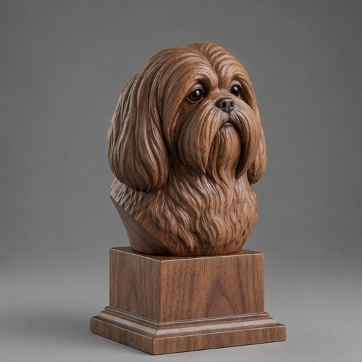 Busto Lhasa Apso — fundo madeira escura