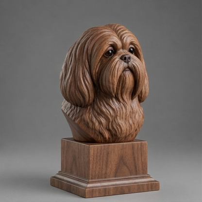 Busto Lhasa Apso — fundo madeira escura