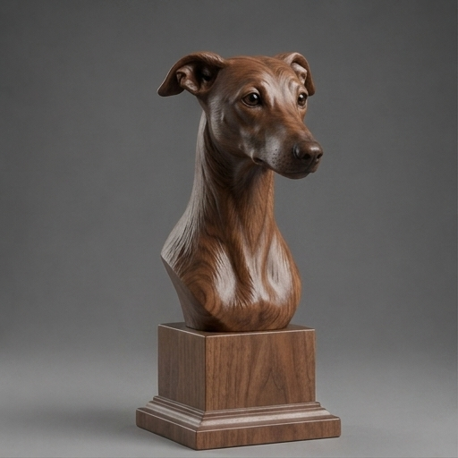 Busto Greyhound — fundo madeira escura
