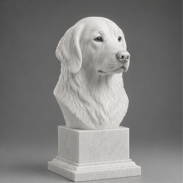 Busto Decorativo Golden Retriever Personalizado | Escultura Artesanal em 7 Materiais (da sua escolha)