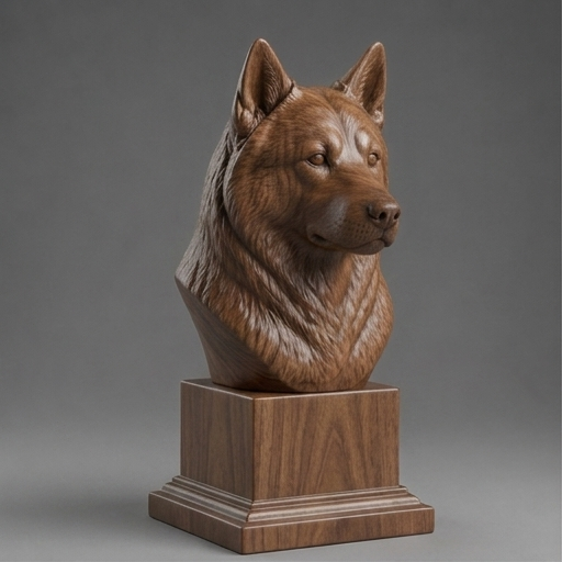 Busto Siberian Husky — fundo madeira escura