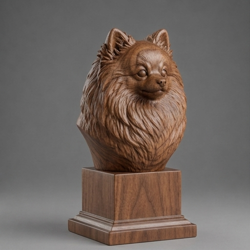 Busto Pomeranian — fundo madeira escura