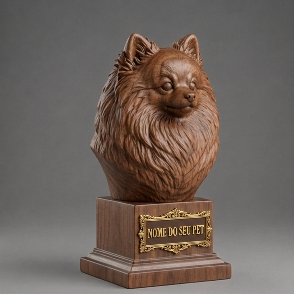 Busto Decorativo Personalizado Pomerânia | Escultura 3D com Nome Gravado