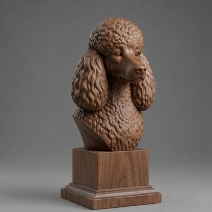 Busto Poodle — fundo madeira escura
