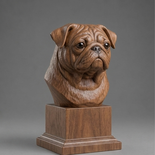 Busto Pug — fundo madeira escura