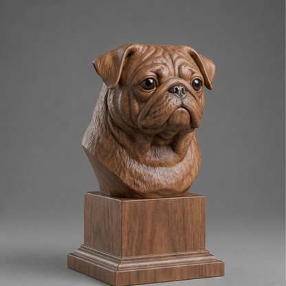 Busto Pug — fundo madeira escura