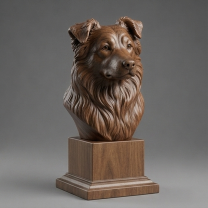 Busto Rough Collie — fundo madeira escura