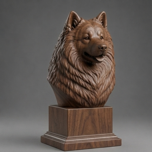 Busto Samoyed — fundo madeira escura