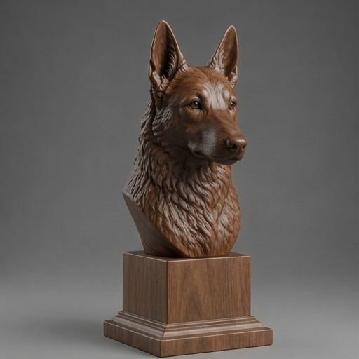 Busto German Shepherd — fundo madeira escura