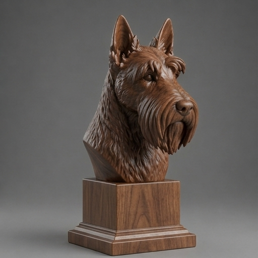 Busto Scottish Terrier — fundo madeira escura