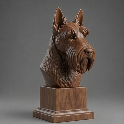 Busto Scottish Terrier — fundo madeira escura