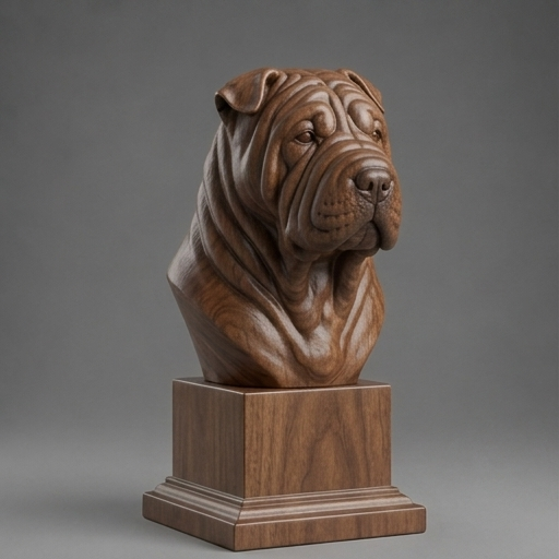 Busto Shar Pei — fundo madeira escura