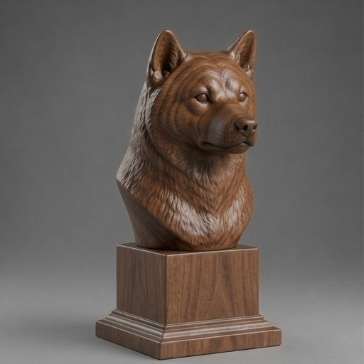 Busto Shiba Inu — fundo madeira escura