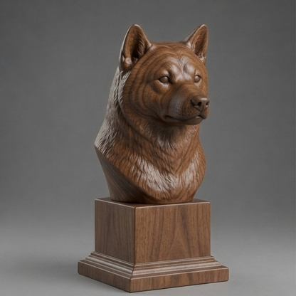 Busto Shiba Inu — fundo madeira escura