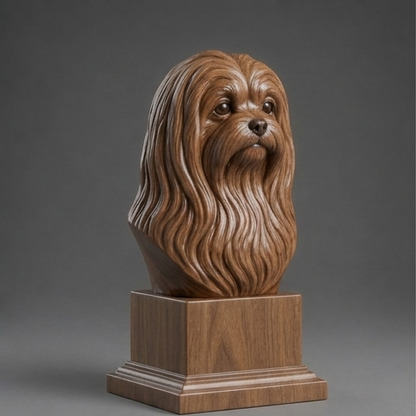 Busto Shih Tzu — fundo madeira escura