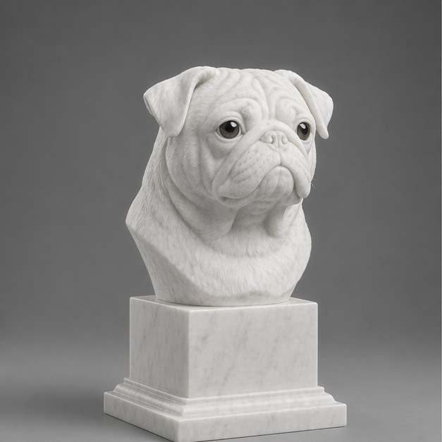 Busto Decorativo Pug Personalizado | Escultura Artesanal em 7 Materiais (da sua escolha)