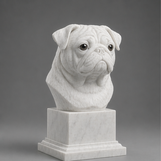 Busto Decorativo Pug Personalizado | Escultura Artesanal em 7 Materiais (da sua escolha)